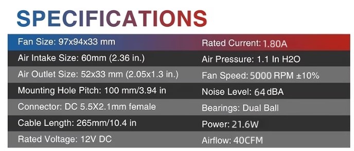 12V Blower Fan with 12V Power Plug