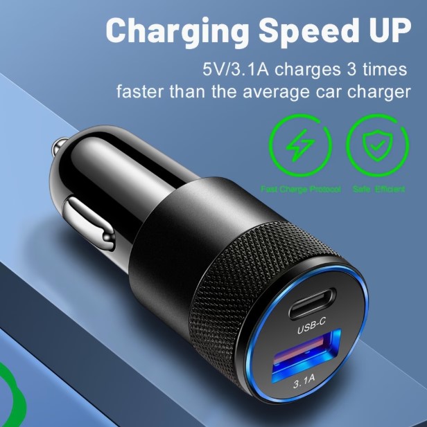 3.1A USB+PD Car Charger with Type-C Fast Charging