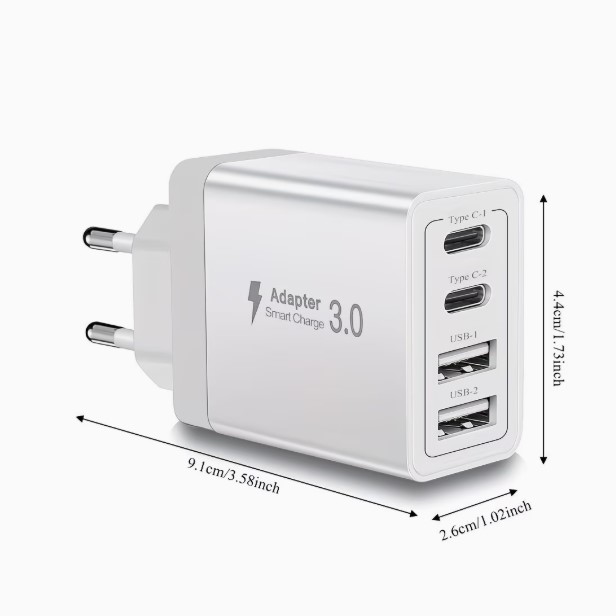 4-Port USB Charging Adapter, Smart Charger Block