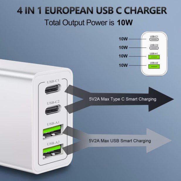 4-Port USB Charging Adapter, Smart Charger Block